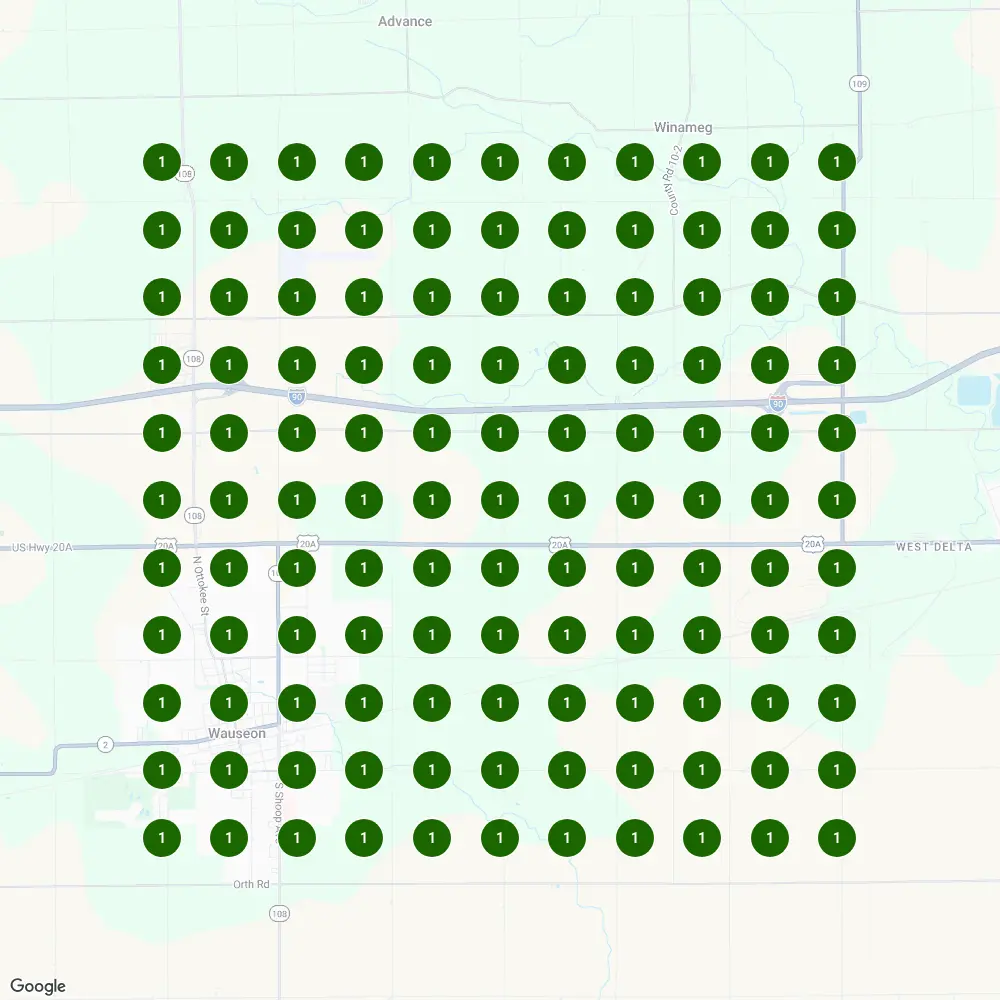 Local Falcon ranking grid showing #1 Google Business Profile position at every tracked point across the Ohio service area