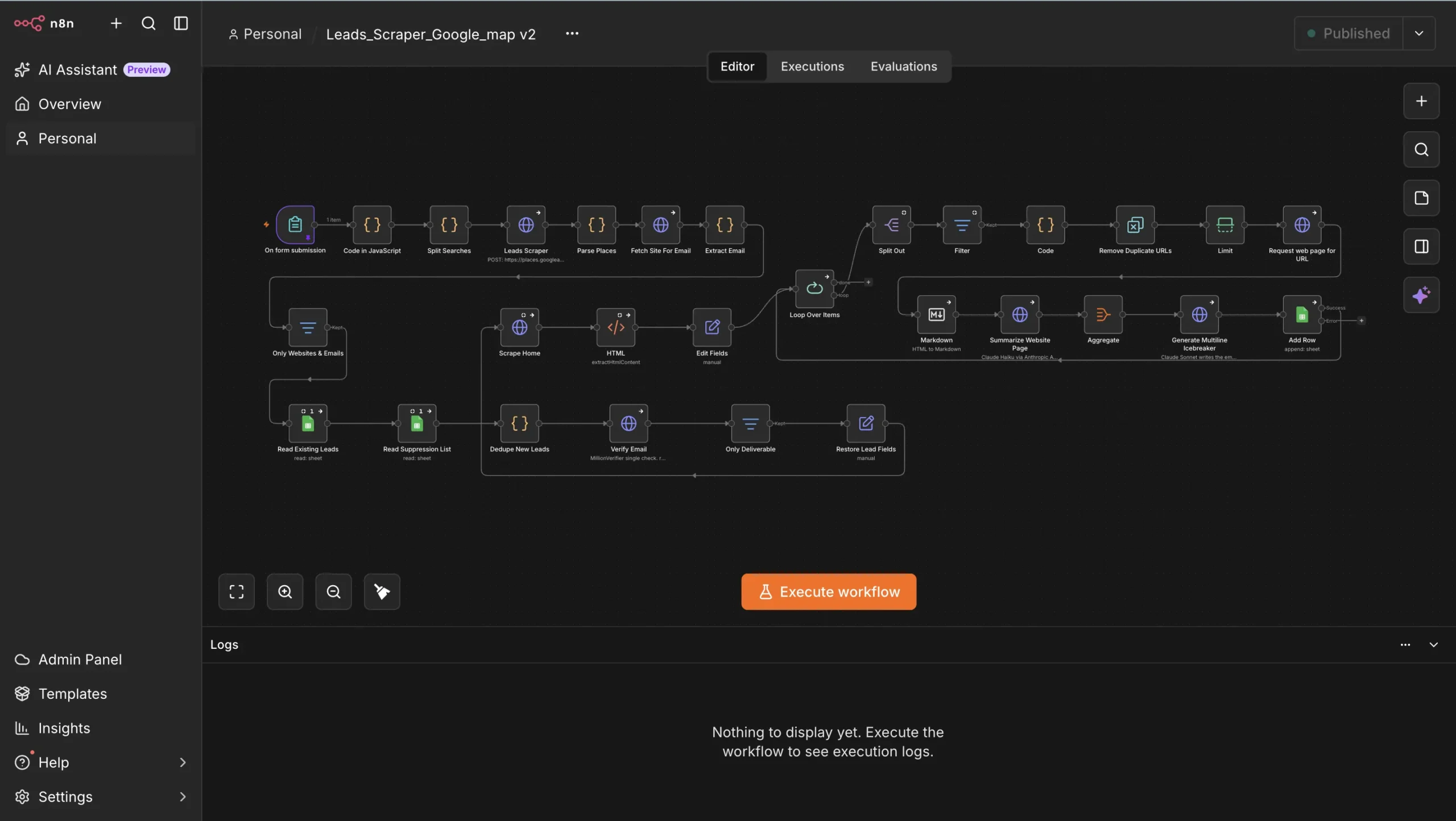Google Maps lead scraper n8n workflow canvas