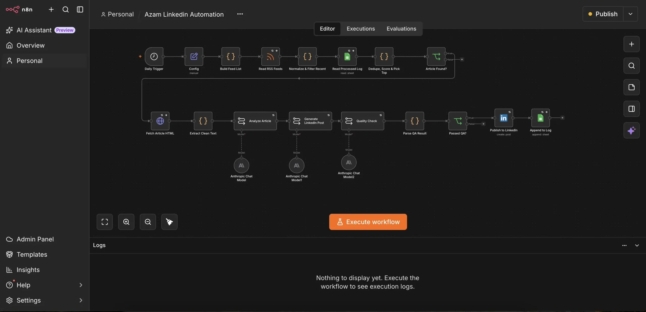 LinkedIn AI Content Engine n8n workflow canvas