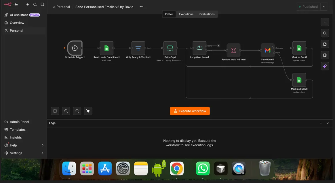 Cold Email Sender n8n workflow canvas