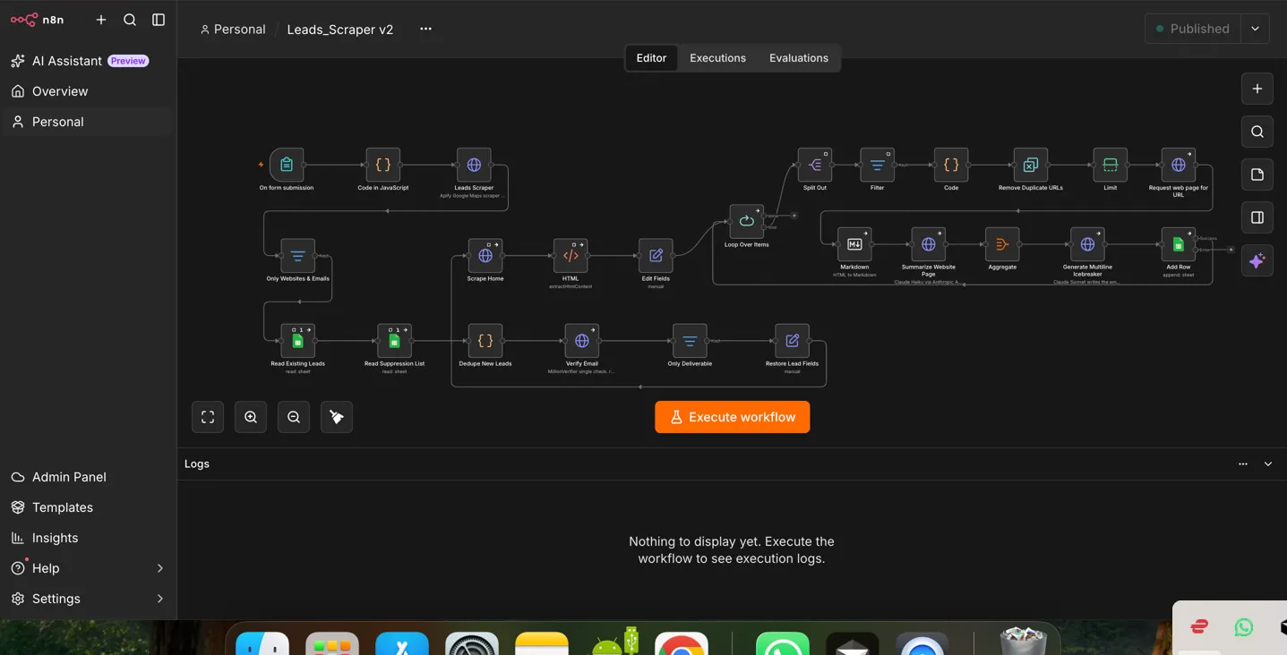 Google Maps Lead Scraper n8n workflow canvas
